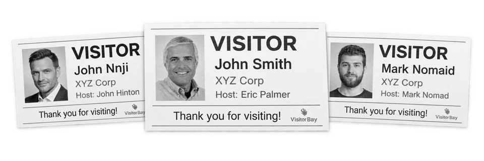 Black-and-white VisitorBay visitor badge examples with names and photos