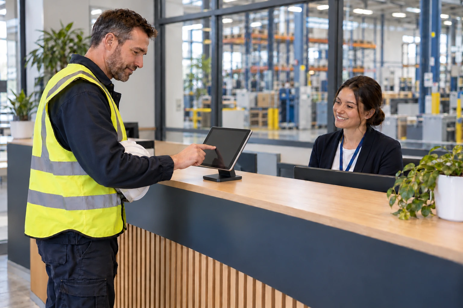 A visiting contractor using a tablet at a manufacturing facility reception desk