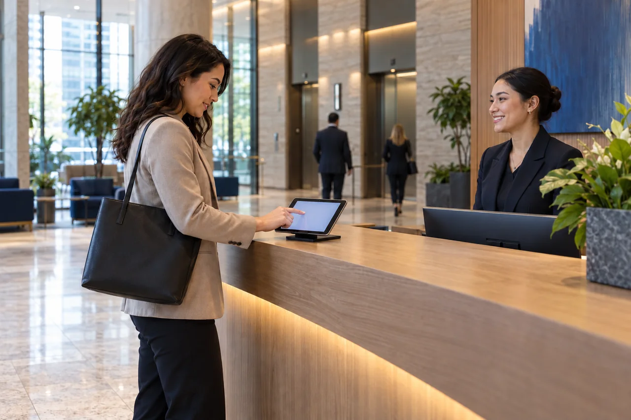 A visitor checking in on a landscape iPad at a modern commercial building reception desk