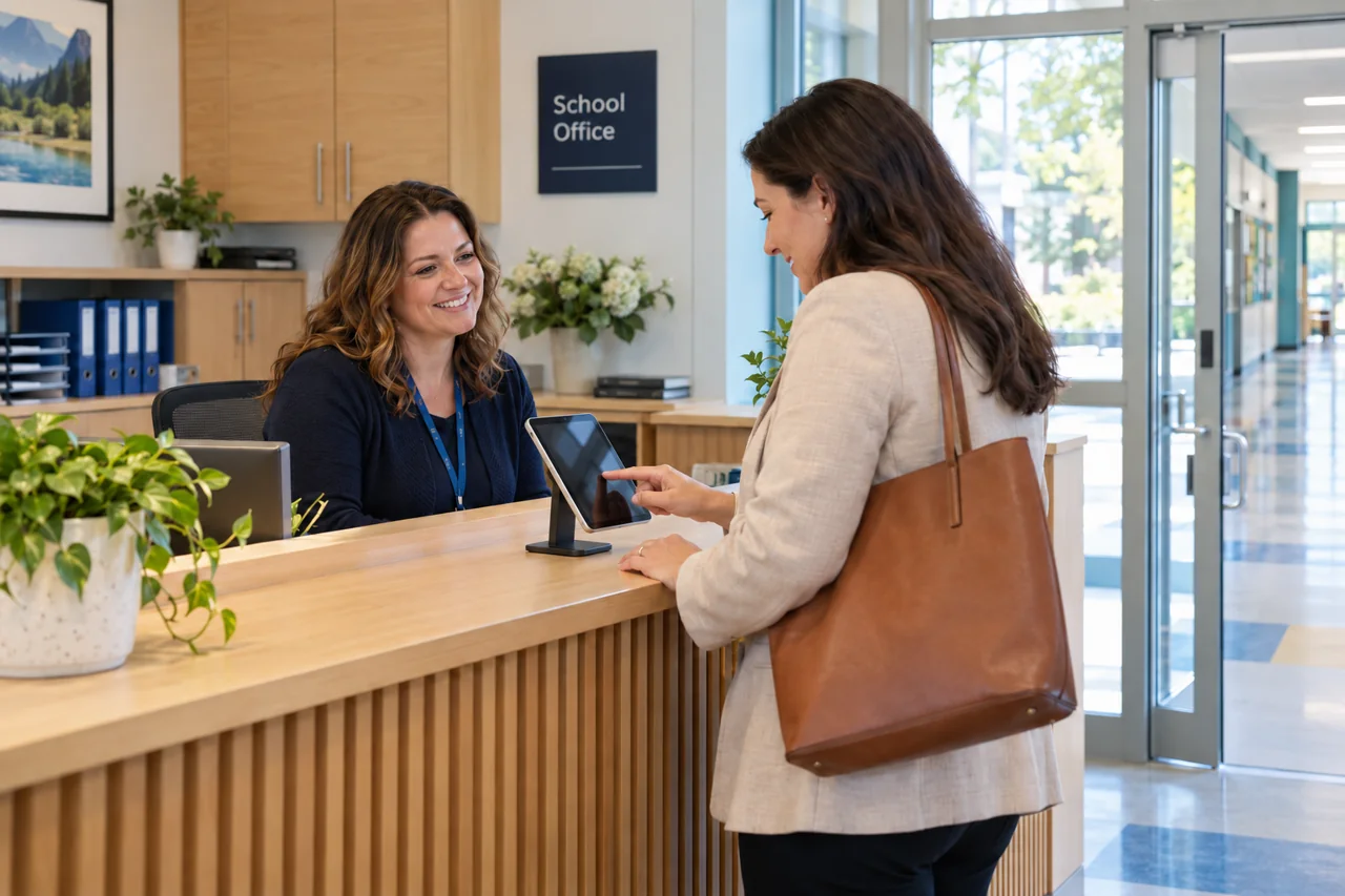 A parent using a tablet to register at a welcoming school front office