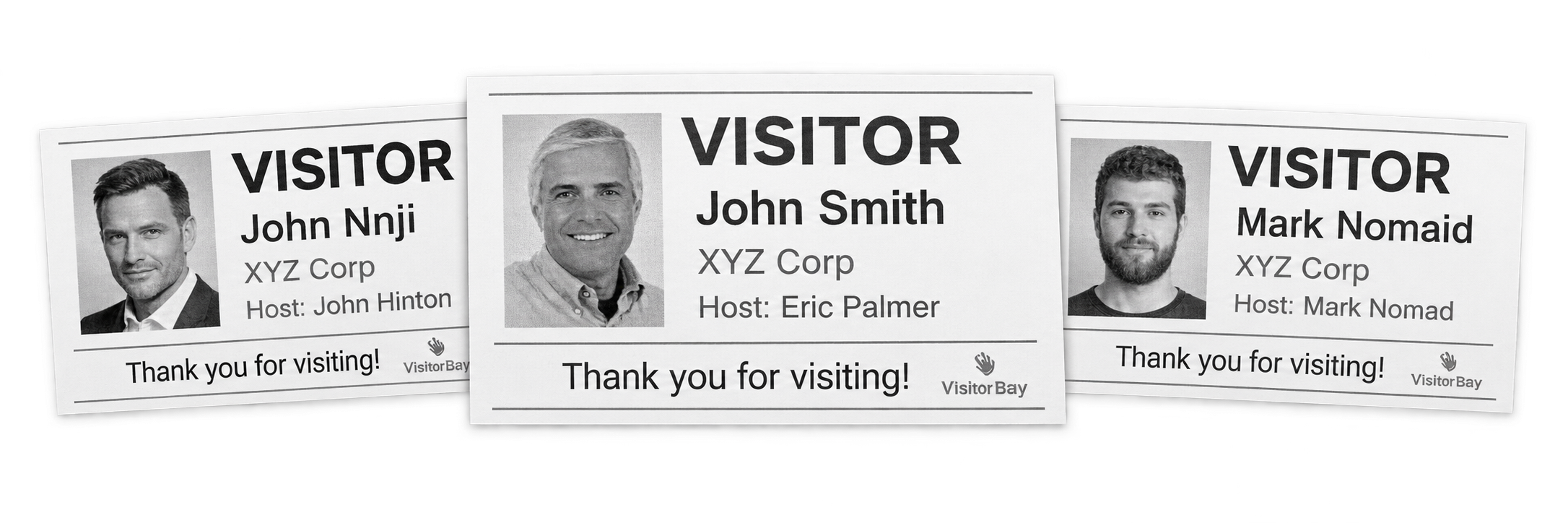 Black-and-white VisitorBay visitor badge samples with grayscale portraits, visitor names, company details and host names