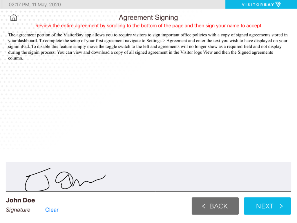 Visitor agreement signing